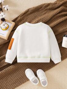 女童街头休闲白色拼接棕色口袋毛绒运动衫套装，秋季 - 白色 - 查看 2