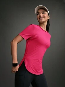 Women Contrast Color Short Sleeve Casual Sporty T-Shirt & Tank Top Gym Shirts - Hot Pink - View 6