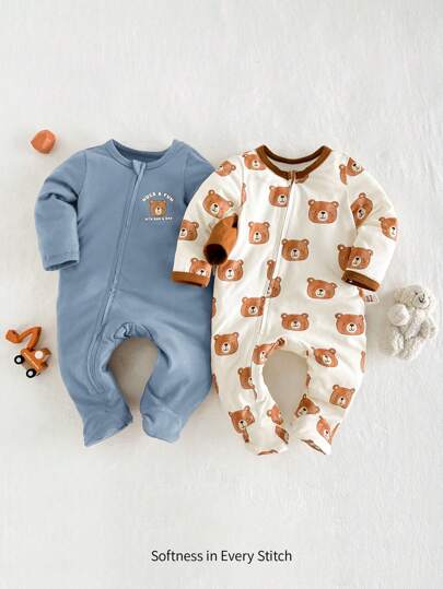 Cozy Pixies 2 件套新生儿男孩卡通熊图案柔软针织圆领长袖连脚连体衣