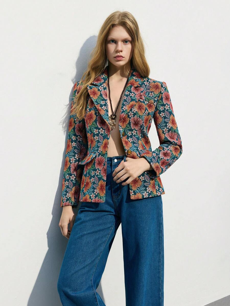 Maija 女士花卉印花长袖西装外套 西装 女士度假装 女士 - 藍色 - 查看 1