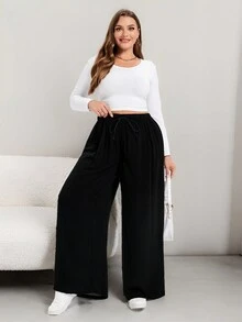 SHEIN Essnce Spodnie damskie z wysokim stanem i ściągaczem w dużych rozmiarach, spodnie damskie z szerokimi nogawkami, czarne spodnie, ubrania jesienne, spodnie damskie z kokardą, luźne spodnie damskie - Czarne - Zobacz 6