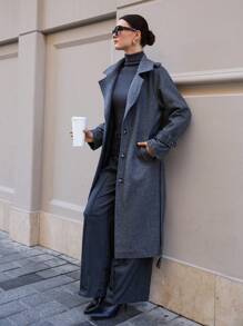 SHEIN Tall Double Breasted Slant Pocket Belted Overcoat - Grey - View 4