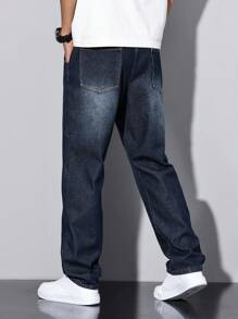 Manfinity Homme 男士水洗做旧保暖牛仔裤，纯色深蓝色长直筒深色水洗牛仔裤水洗工装牛仔裤，适合送给老公、男朋友的礼物