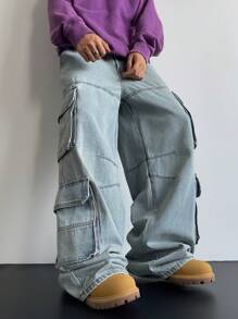 Manfinity Roghcode Y2K Vintage Streetwear 男士浅蓝色洗水牛仔裤多口袋宽松阔腿宽松牛仔裤纯色浅蓝色洗水工装牛仔裤，适合送给老公、男朋友的礼物 - 淺色水洗藍 - 查看 3
