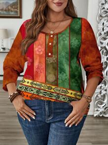 EMERY ROSE Plus Size Women Retro Retro Printed Long Sleeve Crew Neck Button-Up T-shirt, odpowiedni na jesień i zimę, koszulka graficzna