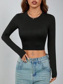 SHEIN PETITE Conjunto de 3 piezas de camisetas casuales y simples para mujeres, de cuello redondo, de manga larga y ajustadas en la Bottom
