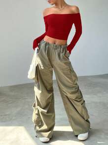 SHEIN EZwear Women's Off-Shoulder Short-Sleeve Solid Color Slim Fit T-Shirt, Spring Summer