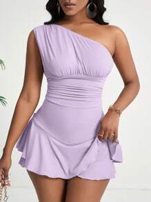 VaVaBold 1pc Women's Solid Asymmetrical Neckline Ruffle Hem Sleeveless Jumpsuit - Purple - View 3