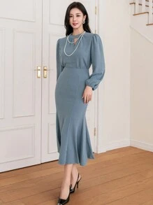 DAZY Bộ 2 áo hở vai và váy đuôi cá cho nữ, bèo nhún - Màu xanh lam - Xem 5