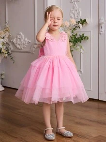 SHEIN Glamorique Kids 新款 2022 公主女童羽毛网眼紫粉色派对礼服，女童圣诞派对礼服，儿童舞台表演礼服 - 粉色 - 查看 4