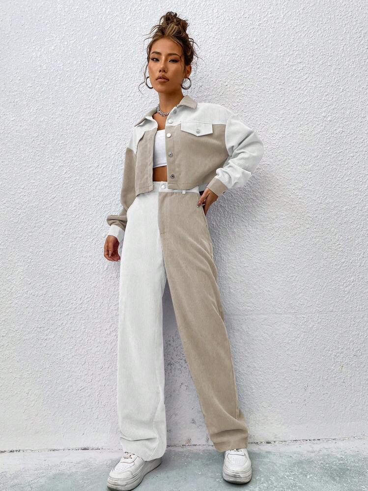 SHEIN Unity 2 peças Conjunto Casual Feminino em Patchwork - Damasco - Visão 4