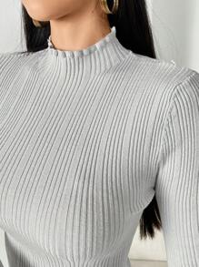 Modelyn 女士纯色立领不对称下摆毛衣，春秋季针织套头衫，秋冬季 - 淺灰色 - 查看 3