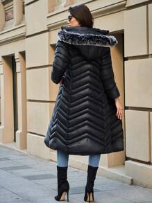 EURMUSE Fur Detailed Zigzag Designed Wintercoat - Black - View 2