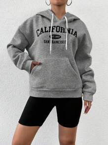 RueChic Letter Graphic Kangaroo Pocket Drop Shoulder Drawstring Hoodie - Grey - View 6
