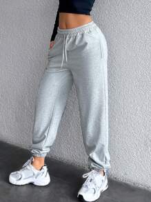 EURMUSE Cotton Solid Drawstring Waist Slant Pocket Sweatpants - Light Grey - View 3