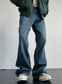 Manfinity Roghcode 男士海军蓝复古水洗喇叭休闲宽松牛仔裤，纯色深蓝色修身长款破洞牛仔裤，适合送给老公、男朋友的礼物 - 咖啡棕 - 查看 6