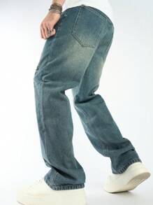 Manfinity Homme Men's Slogan Print Relaxed Fit Straight Leg Casual Baggy Jeans