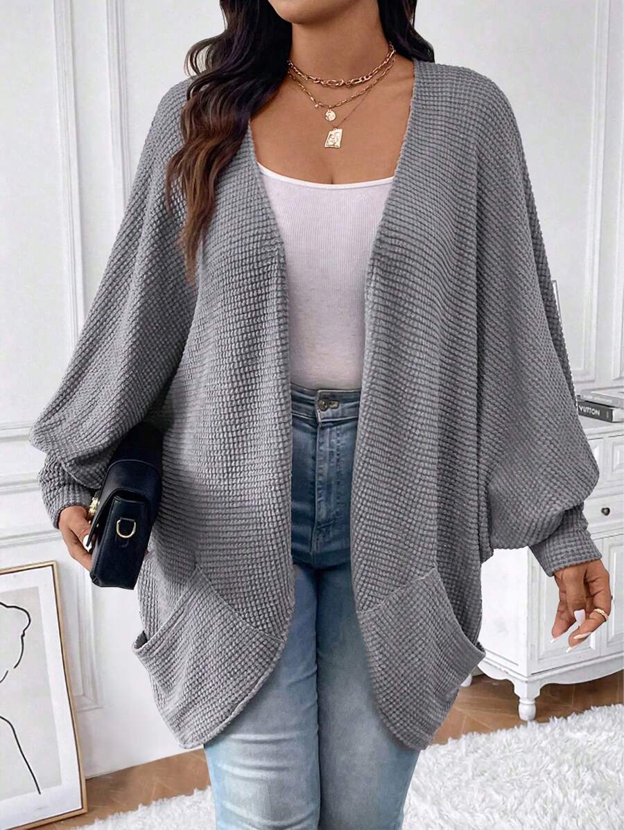 Calvaya Plus Size Women's Solid Color Batwing Sleeve Open Front Loose Coat, Spring & Autumn - Grey - View 1