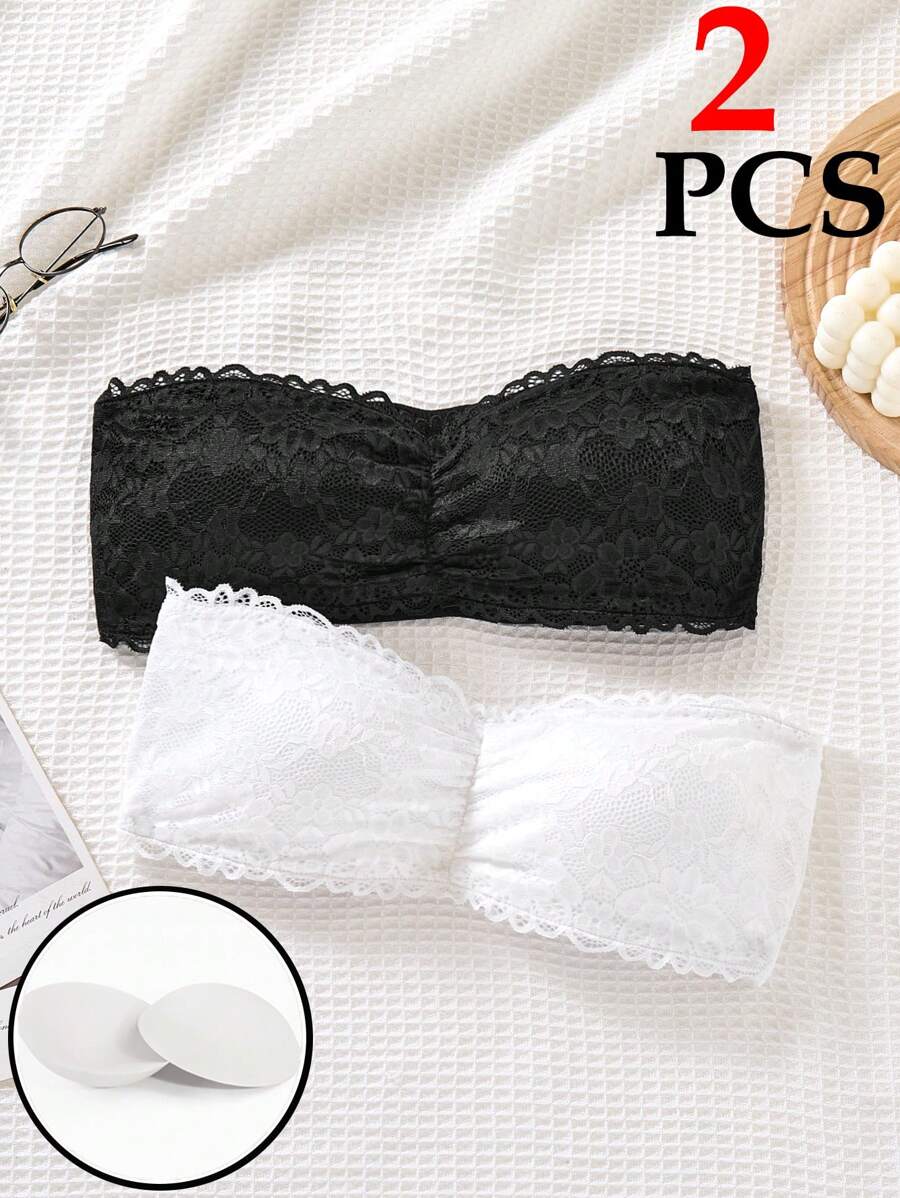 SHEIN 2pcs/Set Teen Girl Lace Trim Ruched Padded Comfortable Breathable Seamless Tube Top - Black and White - View 1