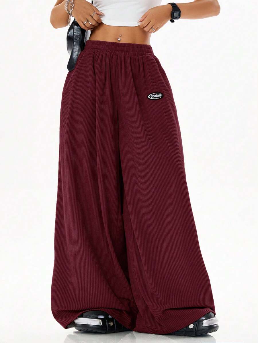 Coolane Women Loose Fit Casual Wide-Leg High Street Textured Baggy Straight Leg Pants - Burgundy - View 1