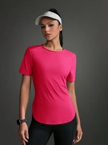 Women Contrast Color Short Sleeve Casual Sporty T-Shirt & Tank Top Gym Shirts - Hot Pink - View 7