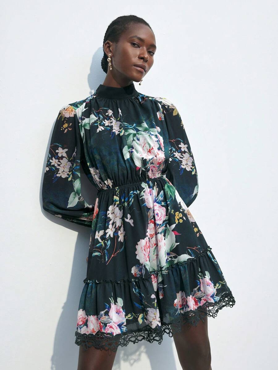 Maija Vestido floral elegante de manga larga y corta para mujer