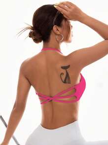 Easithlete Women's Stylish Solid Color Cross Strap Backless Sports Bra With Halter - Hot Pink - View 3