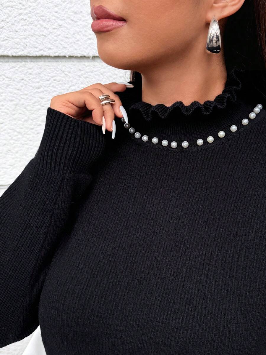 Flirla Plus Size Casual Faux Pearls Decor Stand Collar Sweater For Spring & Fall Knit Pullover Fall Winter - Black and White - View 1