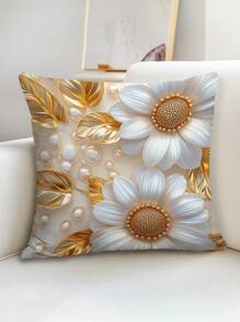 1 件时尚花卉和珍珠图案印花抱枕套，家居装饰靠垫套（无内衬），适用于沙发、客厅、返校季、学校用品