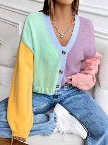 Chiquease Contrast Color Loose Cropped Cardigan, Sweet College Style Knit Sweater Jacket