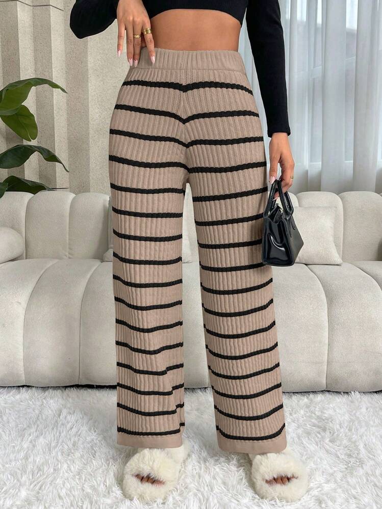SHEIN LUNE Casual Striped Elastic Waist Straight Leg Knitted Pants
