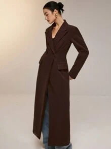 Poéselle 加长棕色西装外套，女士纯色翻领双排扣长款优雅常规外套，冬季女装，女士西装外套，立体腰部剪裁，简约时尚，老款风格，警笛办公室，适合日常、街头、通勤穿着 - 巧克力棕 - 查看 5