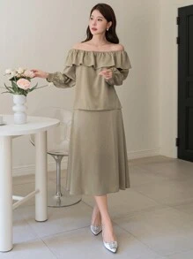 DAZY 2 件套女士纯色露肩荷叶边衬衫和裙子套装，秋季服装 - 杏色 - 查看 5