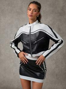 SHEIN BAE Women's Contrast Color Zipper Long Sleeve Casual Jacket Fall Women Jackets Going Out Tops Winter Women Coat Fall Jackets Winter Women Clothes Fall Women Clothes Leather Women Jacket - Multicolor - View 1