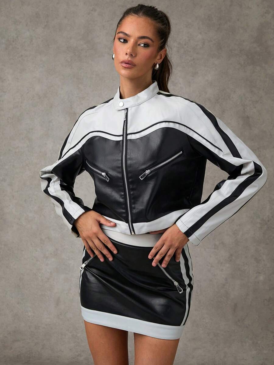 SHEIN BAE Women's Contrast Color Zipper Long Sleeve Casual Jacket Fall Women Jackets Going Out Tops Winter Women Coat Fall Jackets Winter Women Clothes Fall Women Clothes Leather Women Jacket - Multicolor - View 1