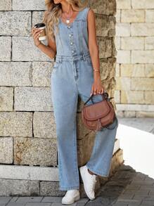 SHEIN LUNE 女式夏季前扣 V 领无袖休闲牛仔连体裤