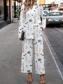 SHEIN Clasi 2 件套优雅花卉印花女式长袖上衣和裤子套装，适合秋冬季 - 彩色 - 查看 6