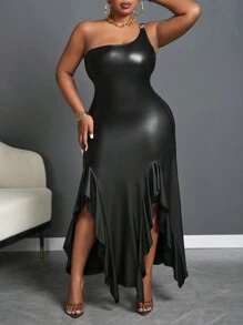 Slaydiva Plus Size damska letnia czarna PU skórzana sukienka bez rękawów z rozcięciem z boku elegancka, na zimę - Czarne - Zobacz 4