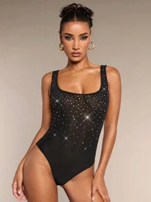 SHEIN BAE Khaki Nude Solid Color Country Concert Outfit, Country Festival Outfits, Music Festival Outfits, Concert Outfits With Rhinestones Mesh Knit Elegant Party Club Summer Bodysuit