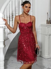 Allurite Women's Summer Floral Sequins Mesh Contrast Slip Dress - Burgundy - View 4