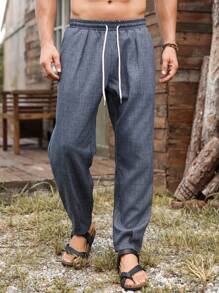 Manfinity Homme Quần dài thường ngày có túi rút dây màu trơn cho nam - Màu xanh bụi bặm - Xem 5