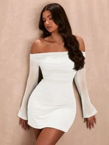 SHEIN BAE Summer Sexy Off-Shoulder Ruffle Mini Dress With Flare Hem For Women, See-Through Sage Green - White - View 1