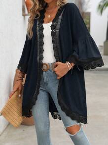 SHEIN LUNE Áo khoác nhẹ tay giữa mùa hè cho nữ, áo len cardigan, viền hoa, tay áo tương phản, viền cong - Màu xanh hải quân - Xem 4