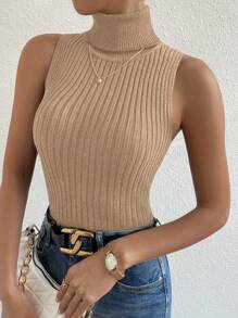 RosyDaze Women Solid Color Turtleneck Sleeveless Knit Sweater - Khaki - View 6