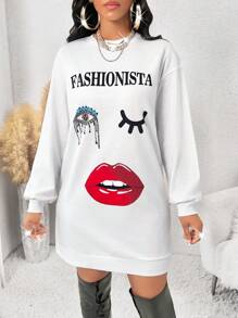 SHEIN Lady Portrait Lips Eyes Pattern 
Long Sleeve Sweatshirt White Hoodie  Women Sweatshirts Spring And Summer Casual Elegant Work