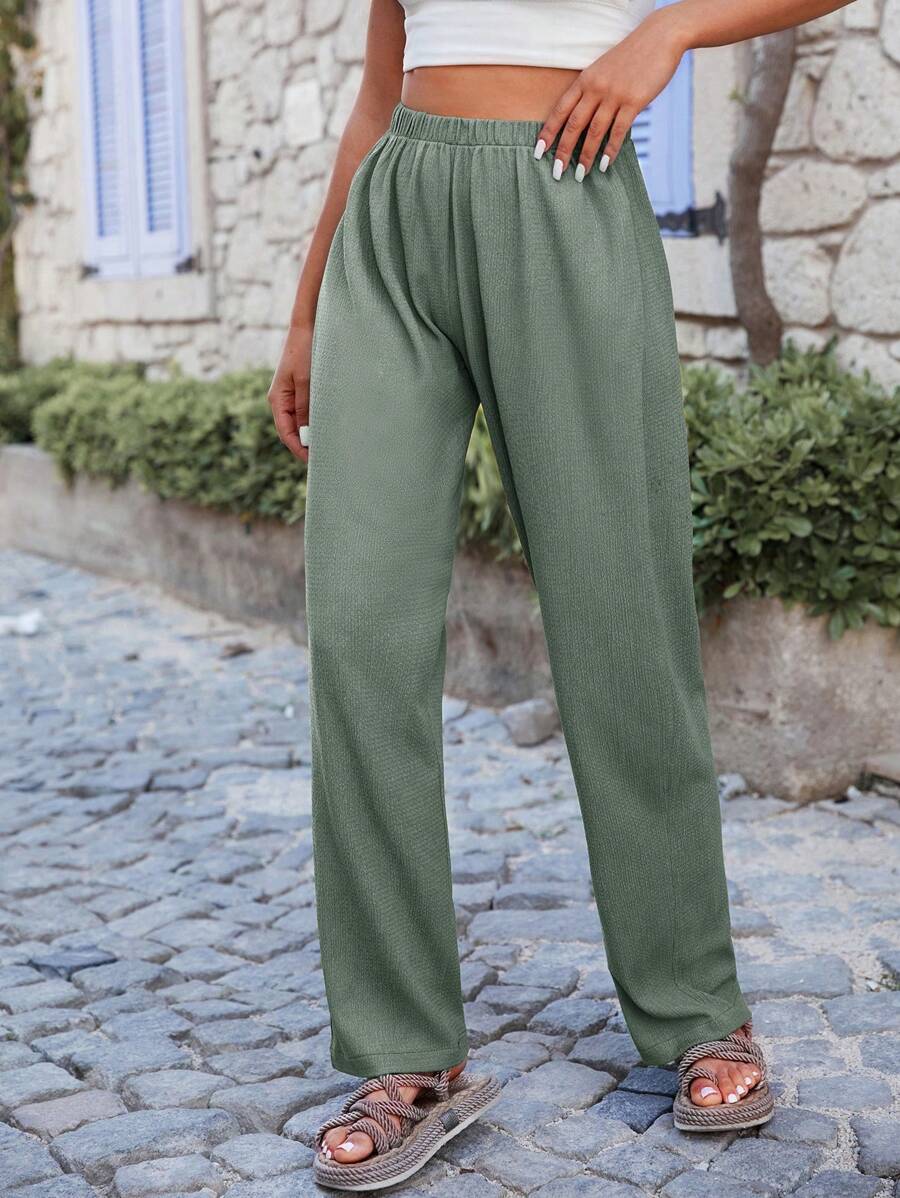 EURMUSE Solid Straight Leg Trousers - Green - View 1