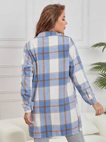 Manteau décontracté à manches longues pour femmes avec col revêrant en laine à carreaux, fermeture à boutons, poches à double rabat, pour l'automne et l'hiver
