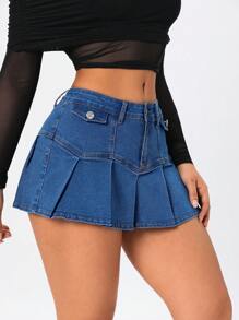SHEIN EZwear Women Pleated Denim Mini Skirt, Low-Waisted, Summer - Medium Wash - View 6