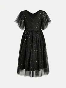 Váy dự tiệc thắt eo lưới thanh lịch cho bé gái tuổi mới lớn - màu đen - Xem 2