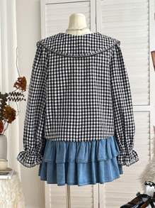 Soleia 大码 WYWH 女式度假领花边衬衫 - 黑與白 - 查看 2